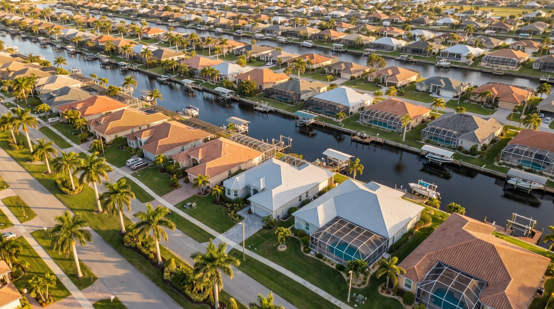 Aerial view of Cape Coral canal homes with tile and metal roofs, docks and boat lifts