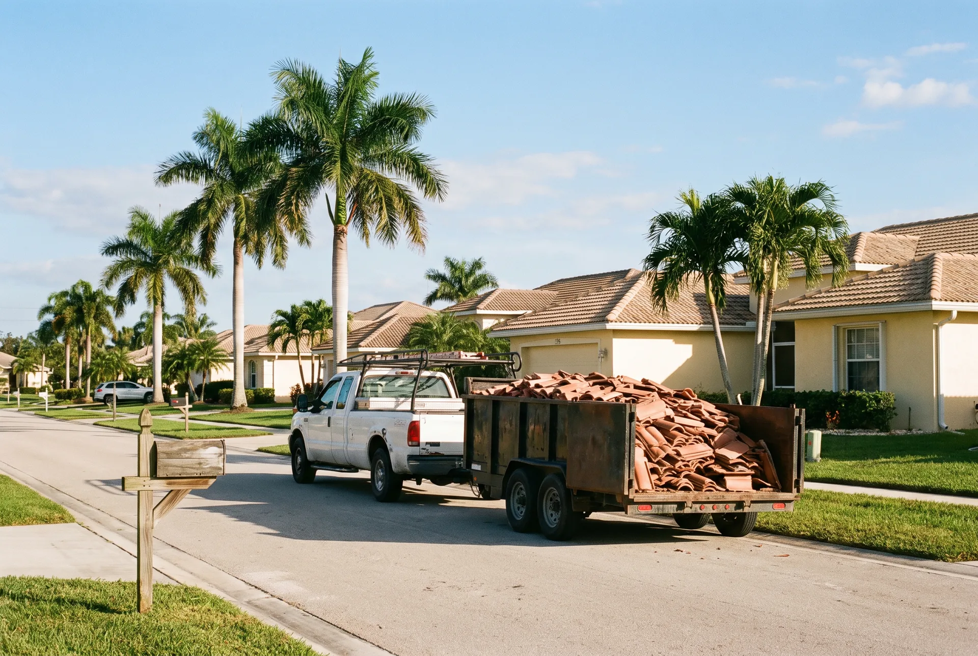 Roofing crew truck and dump trailer on a quiet Cape Coral street of single-story stucco homes and royal palms