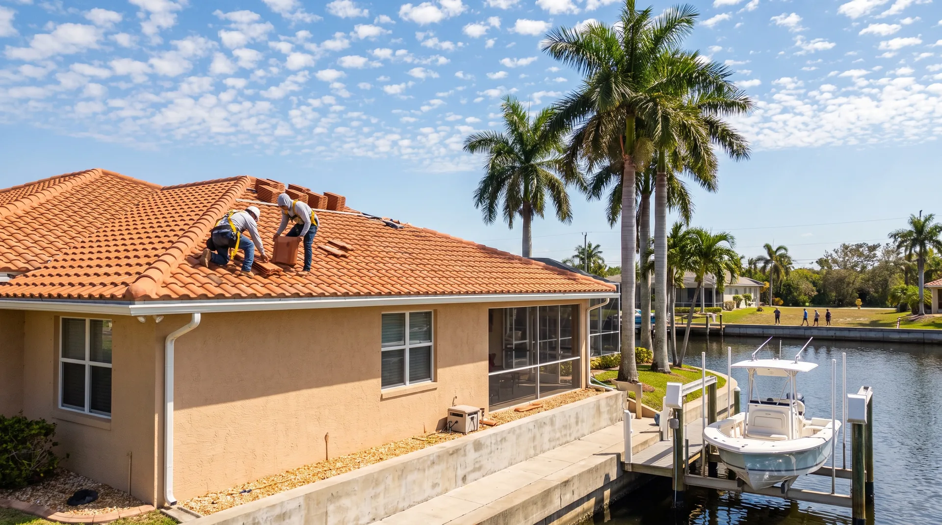 Roofers installing concrete barrel tile on a canal-front home in Cape Coral, FL, with a boat lift and seawall behind it