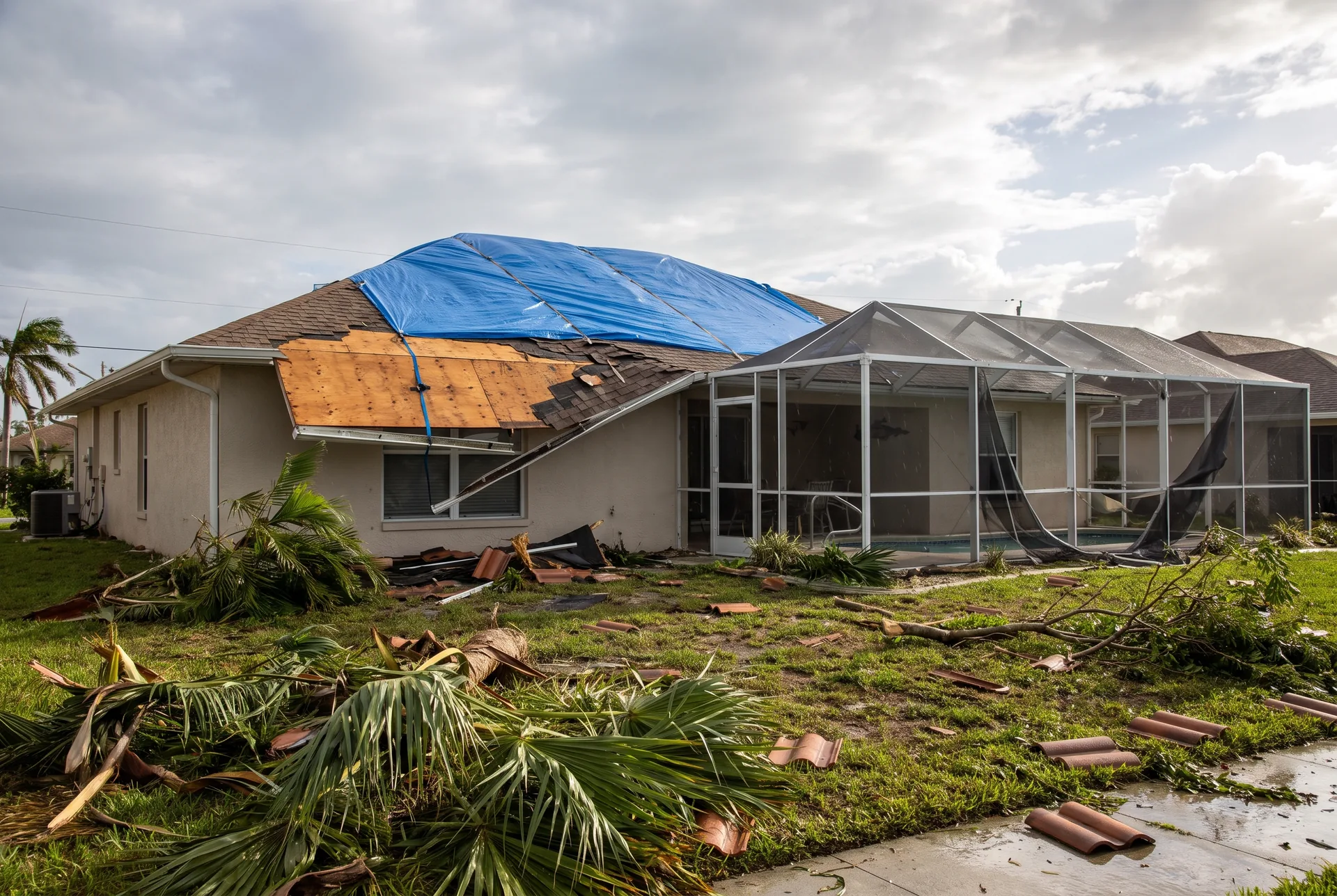 Blue tarp and missing shingles on a Cape Coral home the morning after a hurricane, palm fronds in the yard