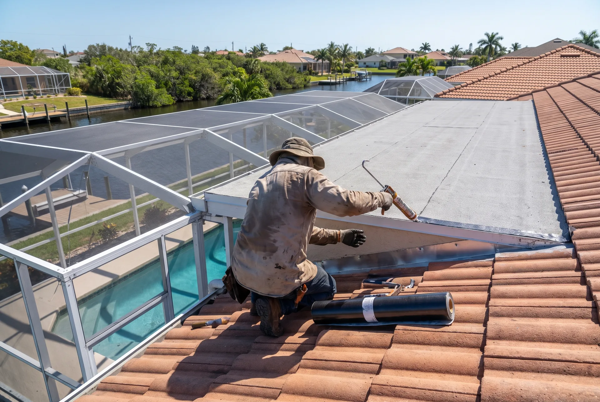 Roofer resealing flashing around a plumbing vent and a lanai roof tie-in on a Florida home
