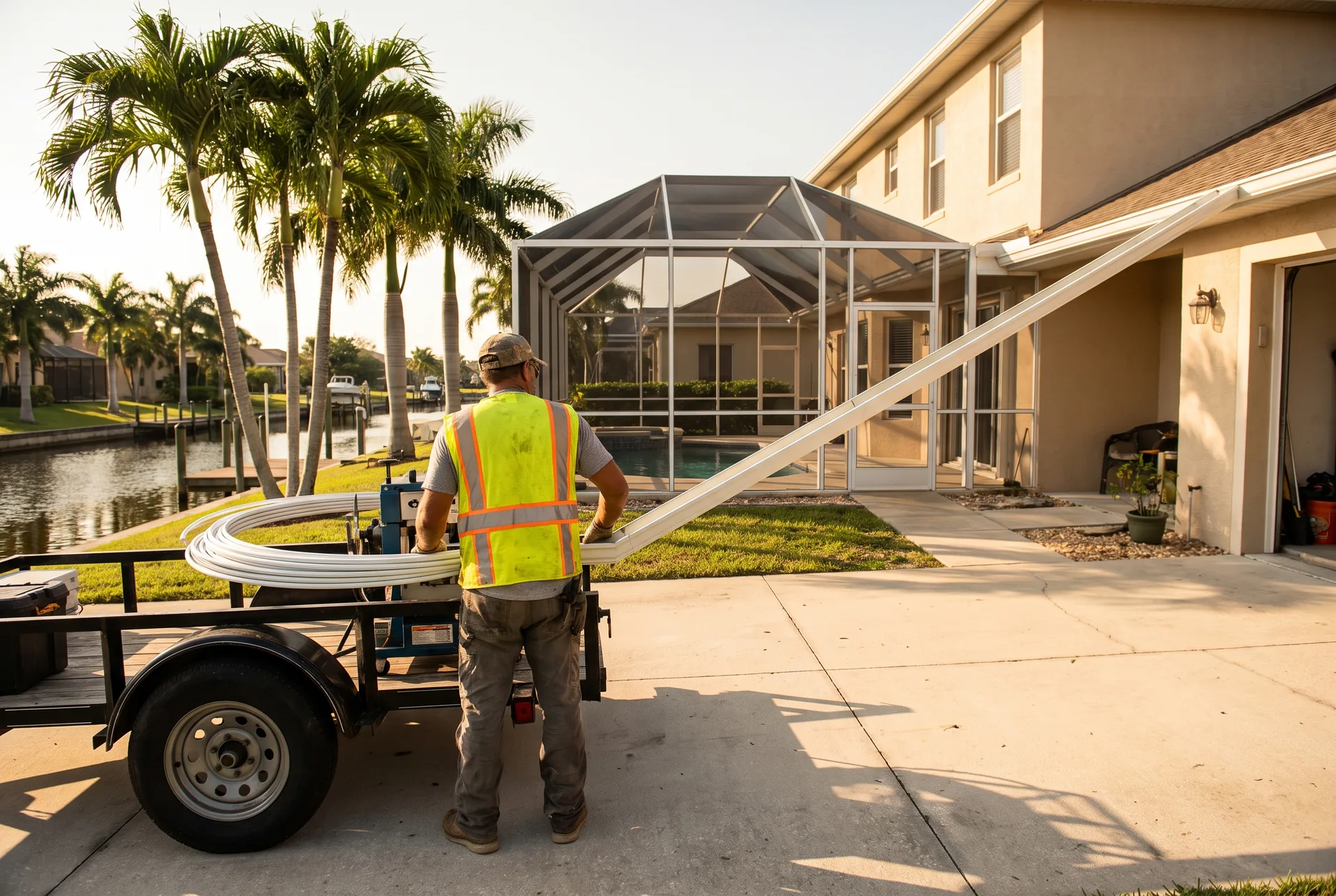 Seamless aluminum gutters being installed on a stucco home with a screened pool enclosure