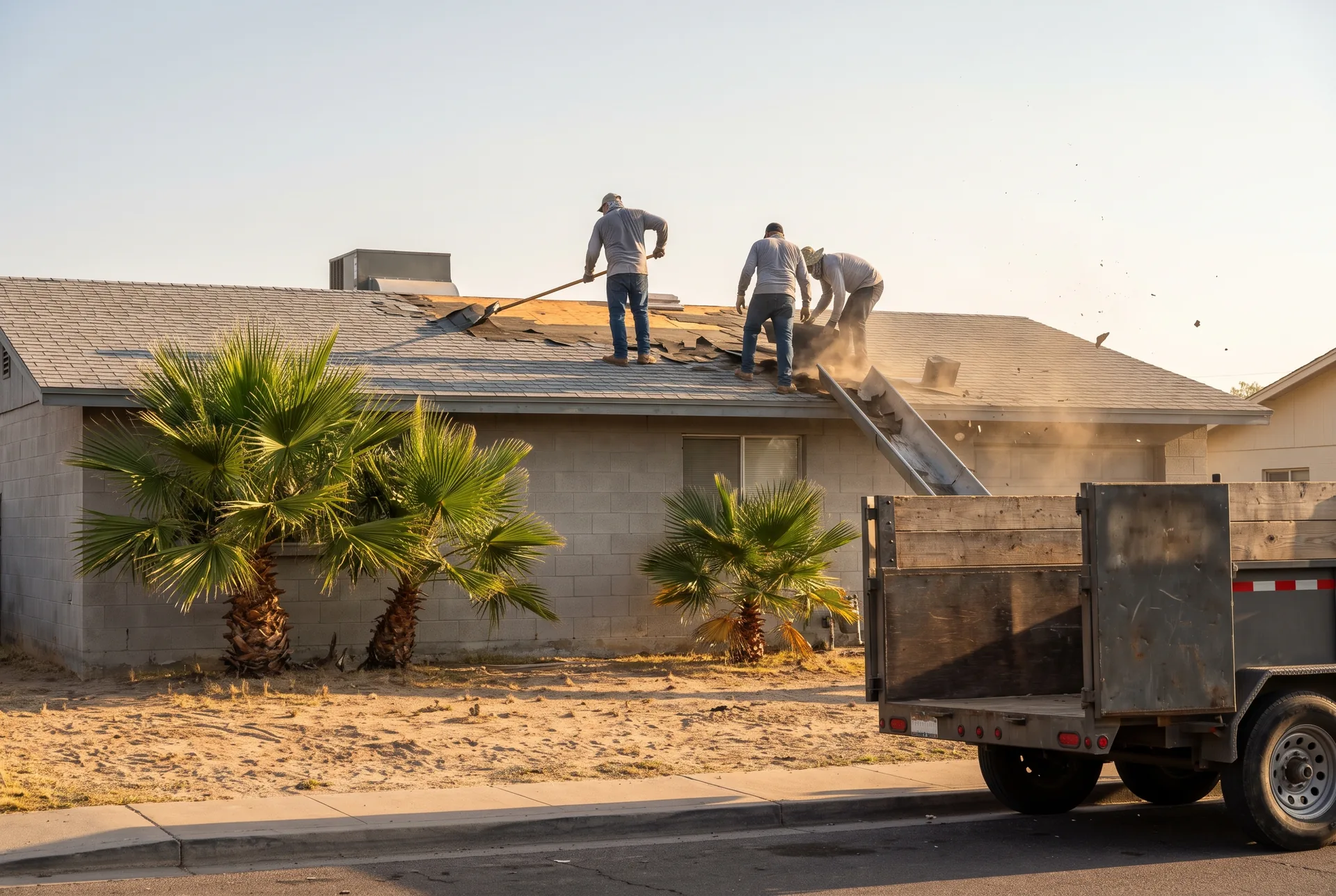 Crew tearing off old three-tab shingles down to the plywood deck on a single-story Florida home