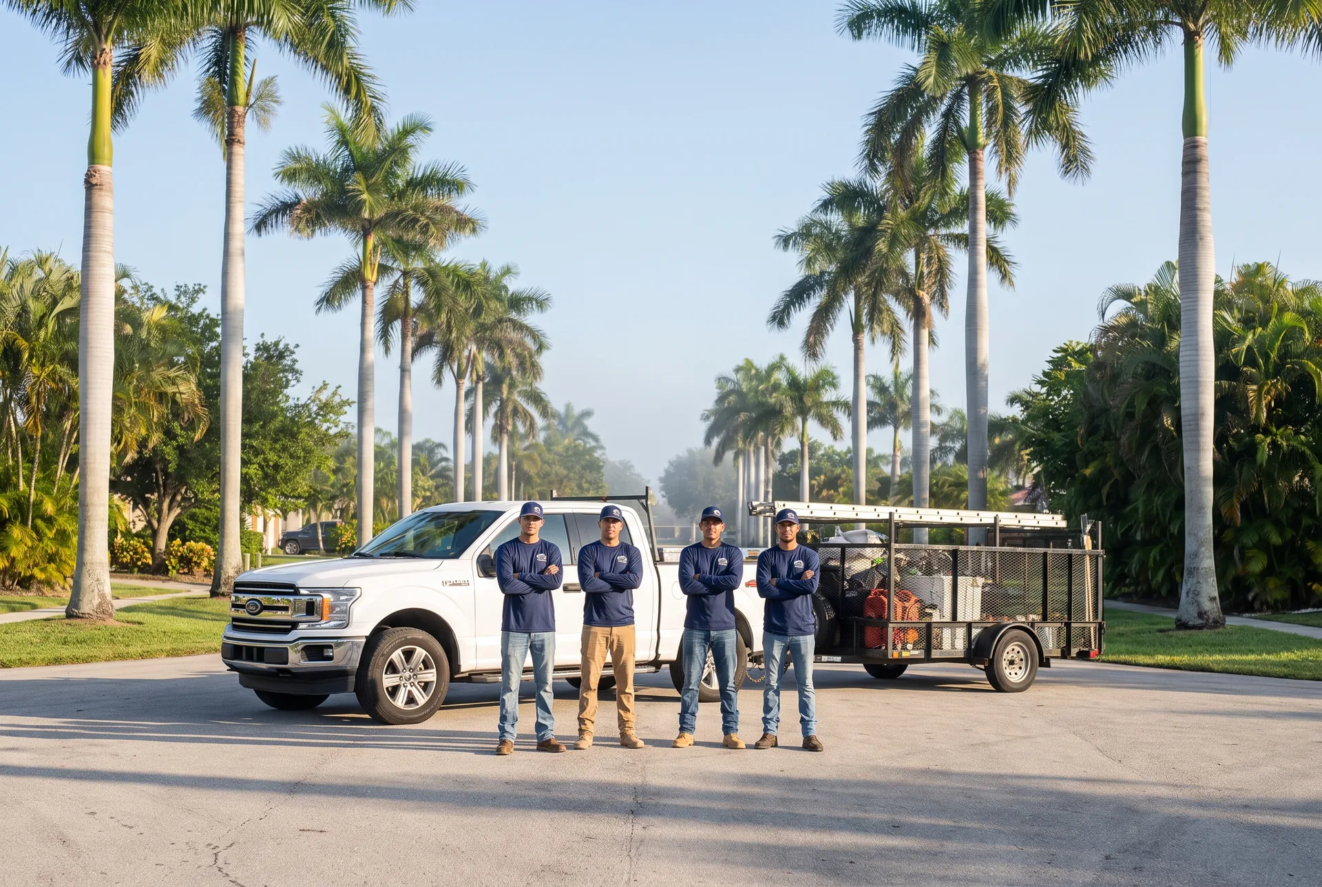 The Cape Coral Roofing Co. crew in front of their truck and trailer