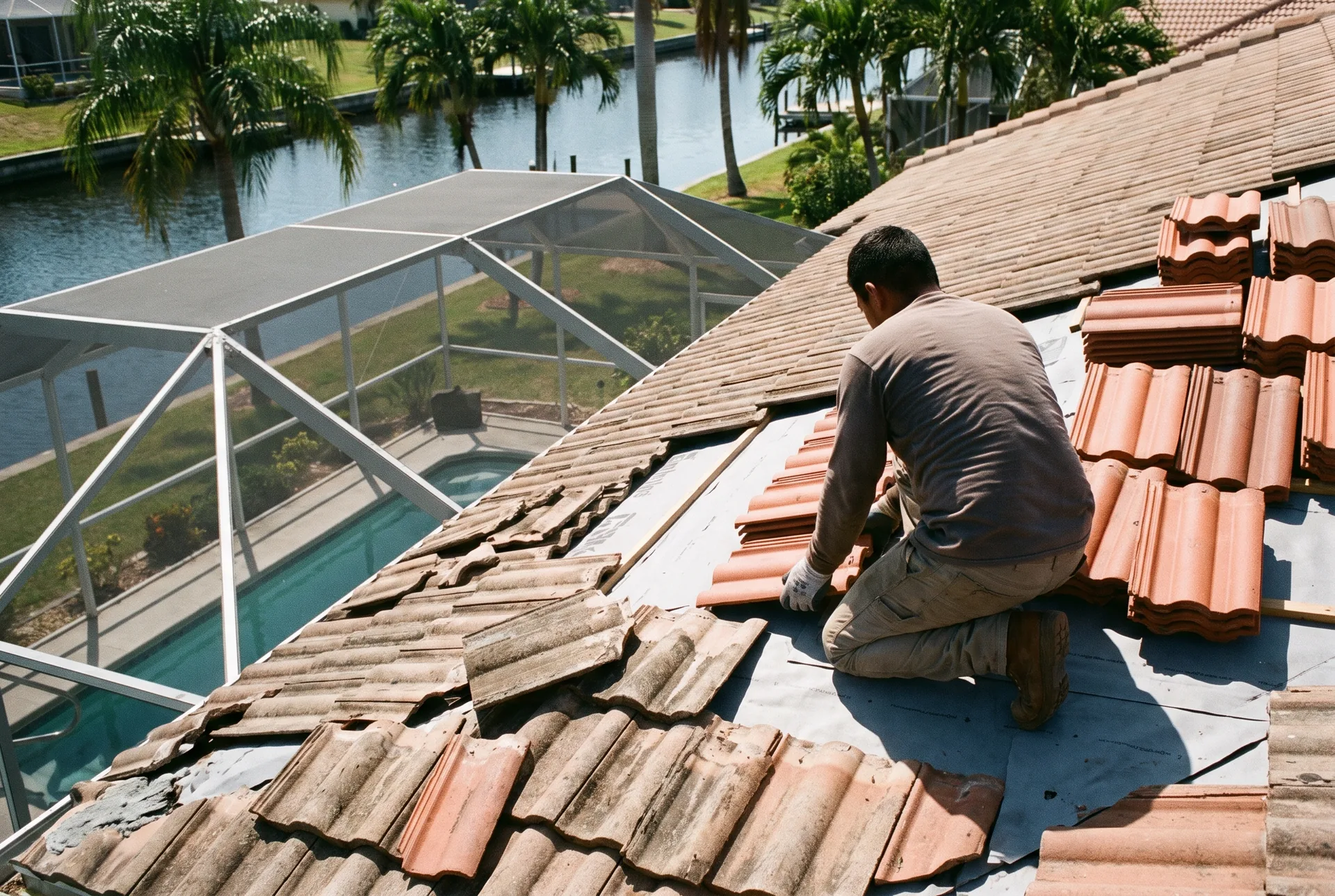 Roofer replacing cracked concrete roof tiles and underlayment on a Cape Coral home