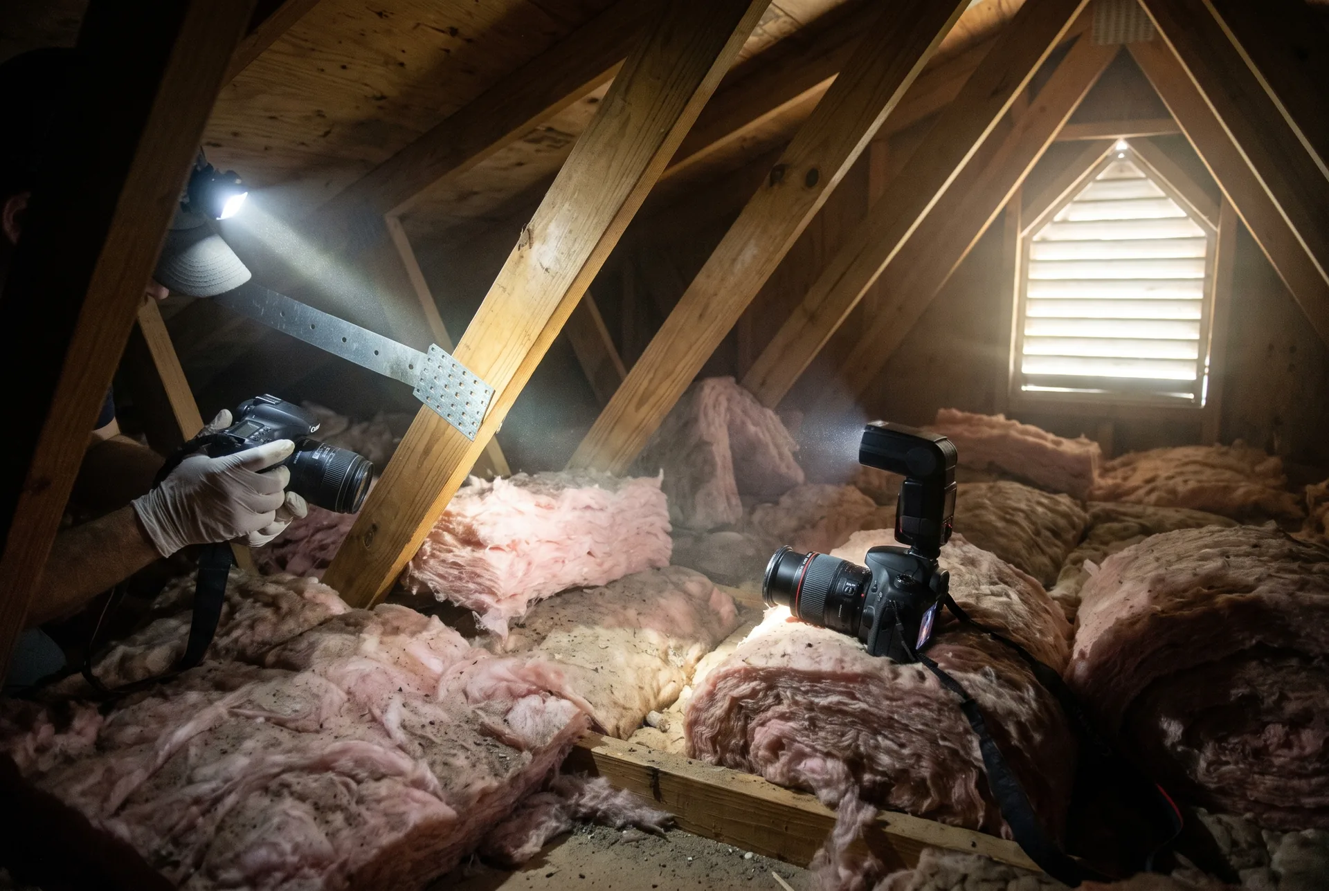 Inspector photographing hurricane straps and roof-deck nailing in an attic for a wind mitigation report